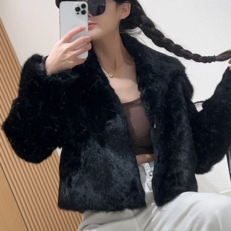 Fancy Rani Natural Fur Coat Women Winter Jacket Real Leather And Fur Short Women's Clothing Female Outerwears With 2024 Black