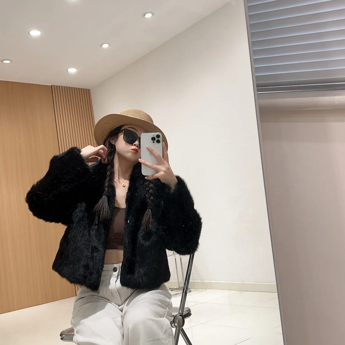 Fancy Rani Natural Fur Coat Women Winter Jacket Real Leather And Fur Short Women's Clothing Female Outerwears With 2024 Black