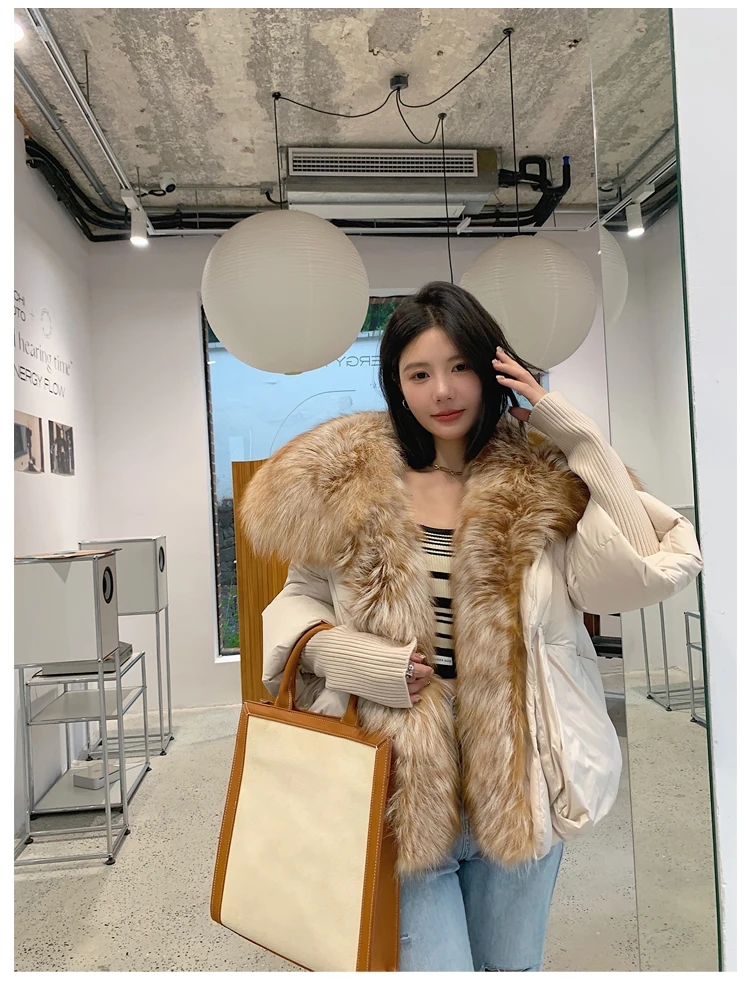 Oversized Winter Warm Real Fox Fur Collar Black Down Coat Women Puffer Outerwear Jackets 2024 Autumn Winter