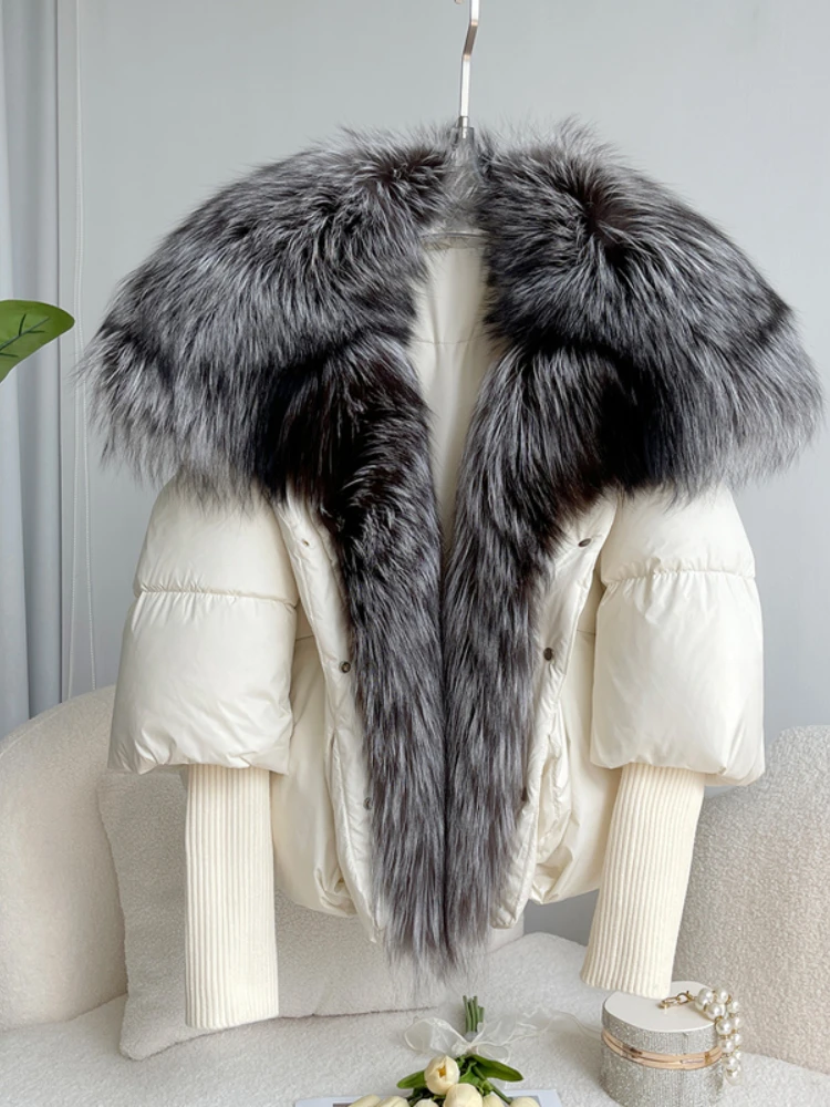 Oversized Winter Warm Real Fox Fur Collar Black Down Coat Women Puffer Outerwear Jackets 2024 Autumn Winter