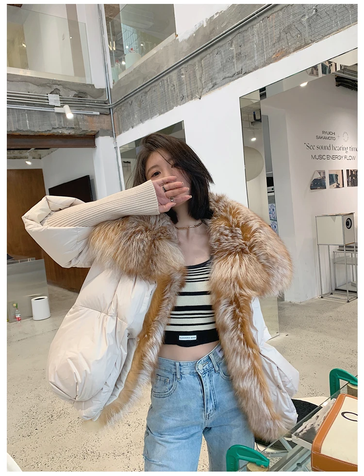 Oversized Winter Warm Real Fox Fur Collar Black Down Coat Women Puffer Outerwear Jackets 2024 Autumn Winter