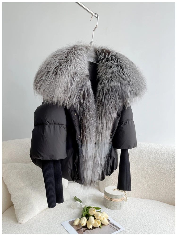 Oversized Winter Warm Real Fox Fur Collar Black Down Coat Women Puffer Outerwear Jackets 2024 Autumn Winter