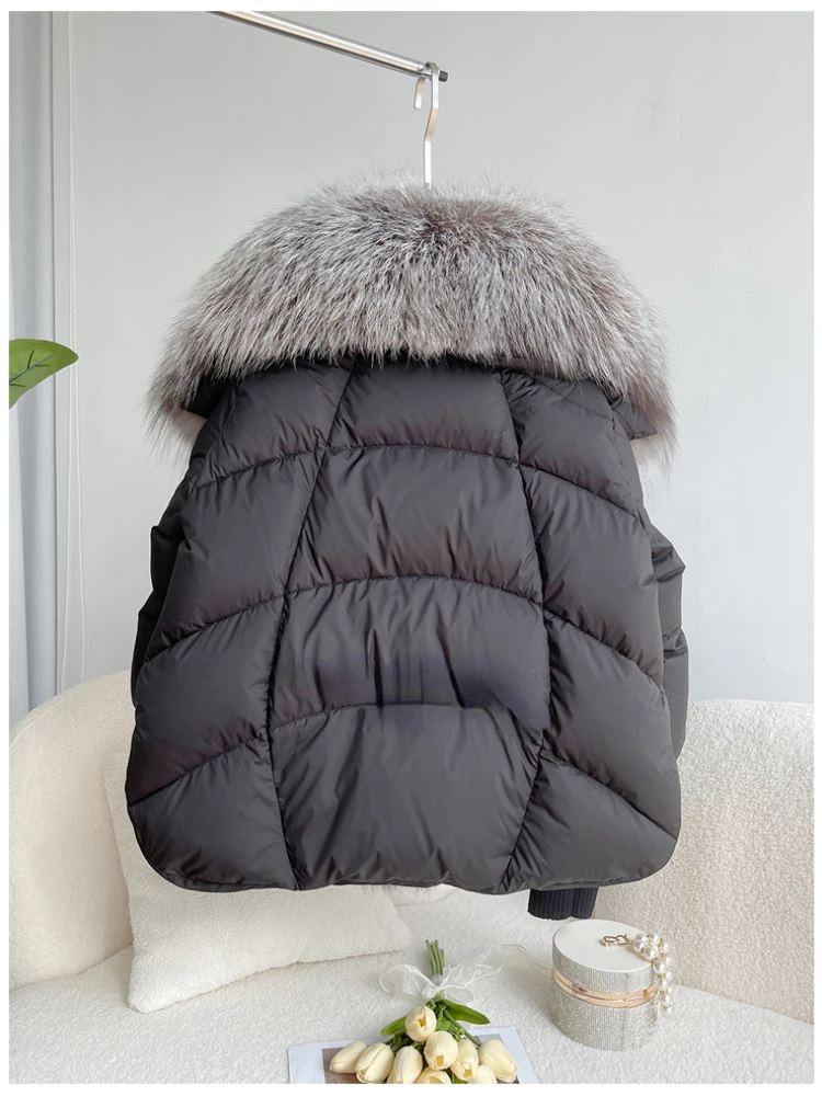 Oversized Winter Warm Real Fox Fur Collar Black Down Coat Women Puffer Outerwear Jackets 2024 Autumn Winter