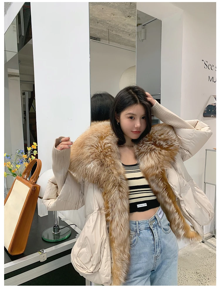 Oversized Winter Warm Real Fox Fur Collar Black Down Coat Women Puffer Outerwear Jackets 2024 Autumn Winter