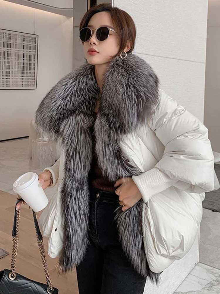 Oversized Winter Warm Real Fox Fur Collar Black Down Coat Women Puffer Outerwear Jackets 2024 Autumn Winter