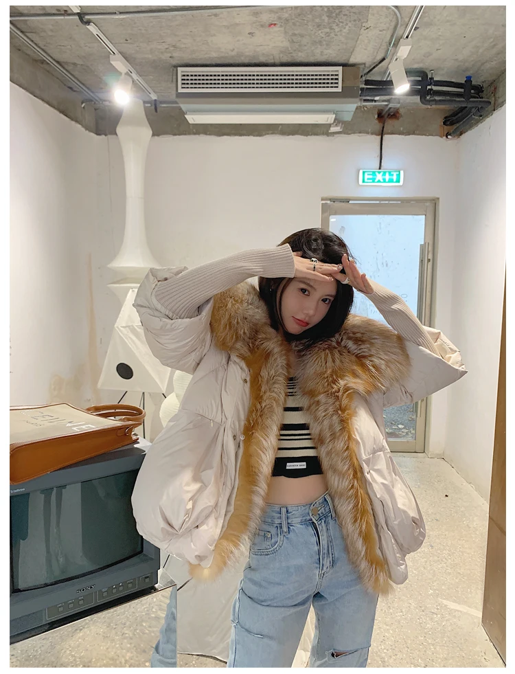 Oversized Winter Warm Real Fox Fur Collar Black Down Coat Women Puffer Outerwear Jackets 2024 Autumn Winter