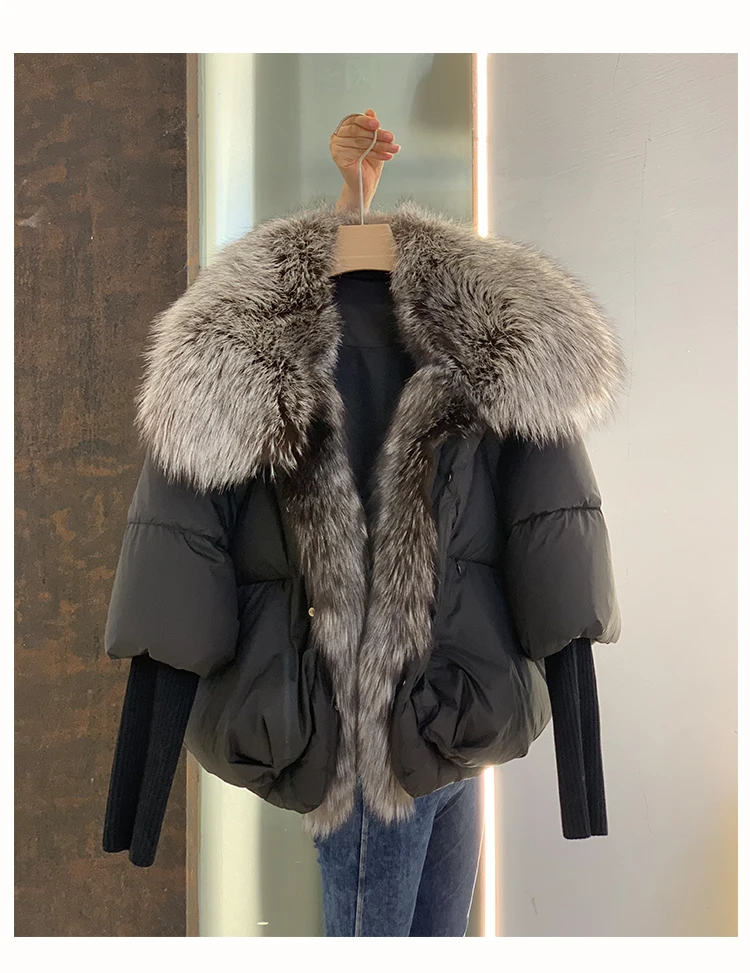 Oversized Winter Warm Real Fox Fur Collar Black Down Coat Women Puffer Outerwear Jackets 2024 Autumn Winter