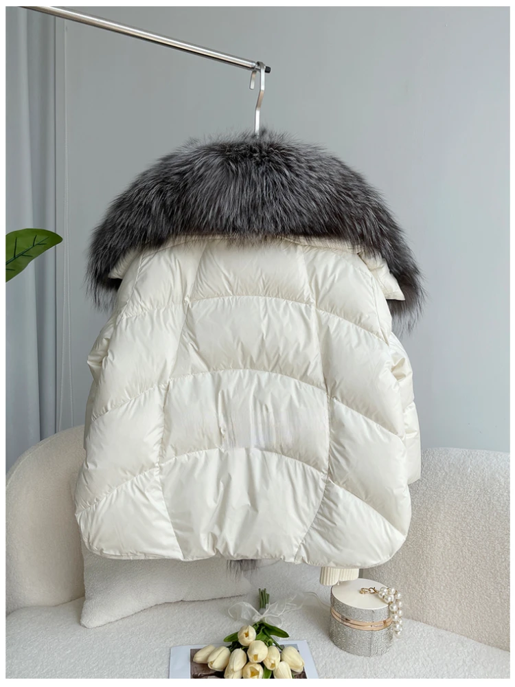 Oversized Winter Warm Real Fox Fur Collar Black Down Coat Women Puffer Outerwear Jackets 2024 Autumn Winter