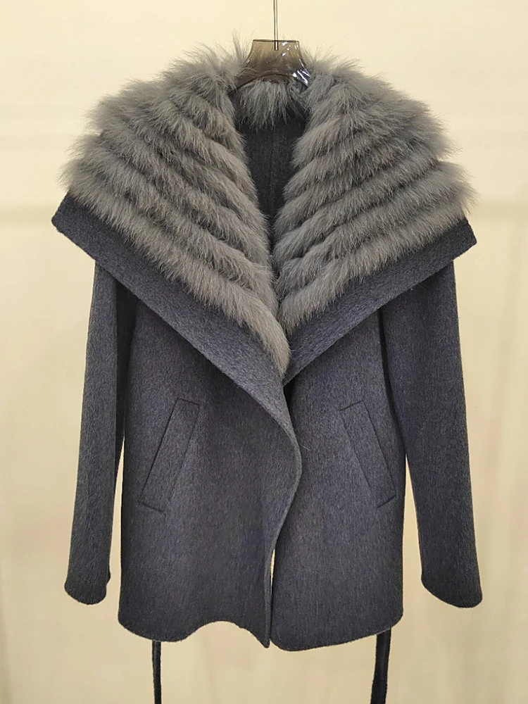 2025 Autumn Winter Real Fox Fur Coat Ladies Outwear Women Female Cashmere Natural Fur Wool Jacket Woolen Luxury Jacket