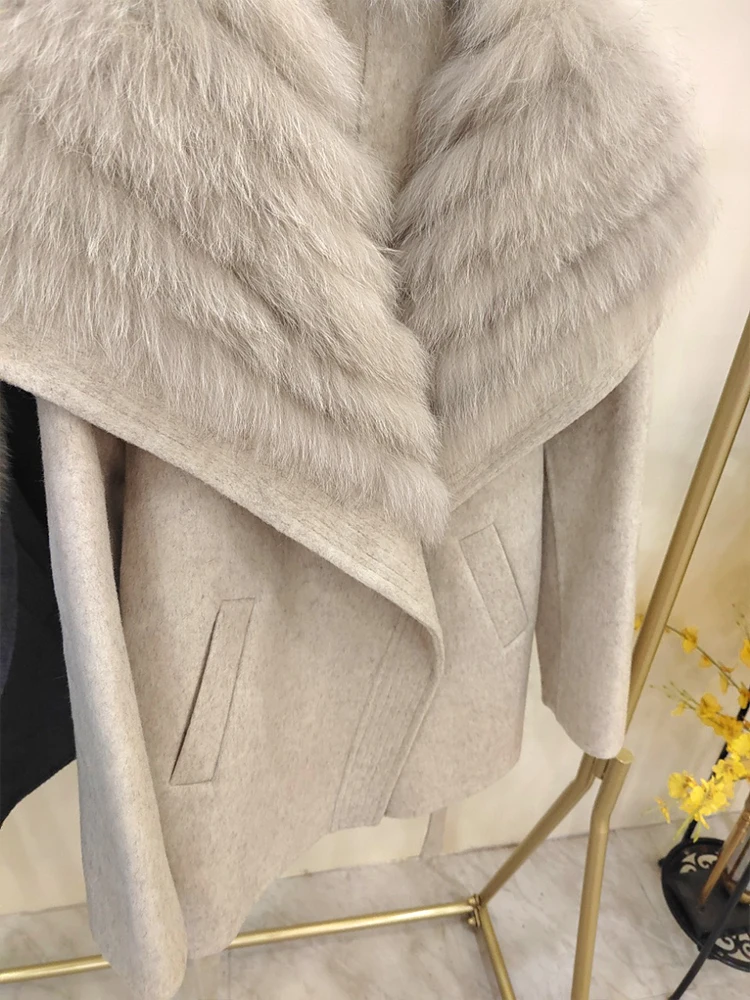 2025 Autumn Winter Real Fox Fur Coat Ladies Outwear Women Female Cashmere Natural Fur Wool Jacket Woolen Luxury Jacket