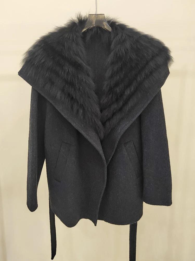 2025 Autumn Winter Real Fox Fur Coat Ladies Outwear Women Female Cashmere Natural Fur Wool Jacket Woolen Luxury Jacket