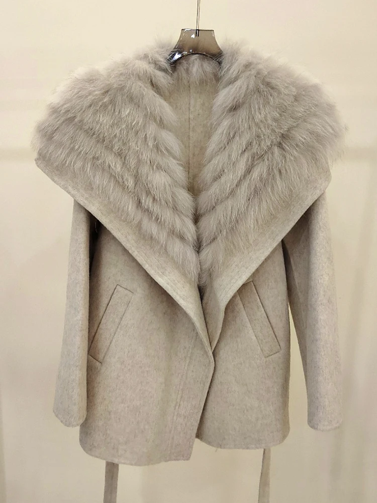 2025 Autumn Winter Real Fox Fur Coat Ladies Outwear Women Female Cashmere Natural Fur Wool Jacket Woolen Luxury Jacket