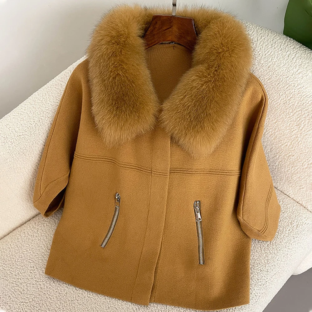 OFTBUY Autumn Winter Real Fox Raccoon Fur Collar Coat Knitted Sweater Women Short Sleeve Jacket Thick Warm Outerwear Streetwear