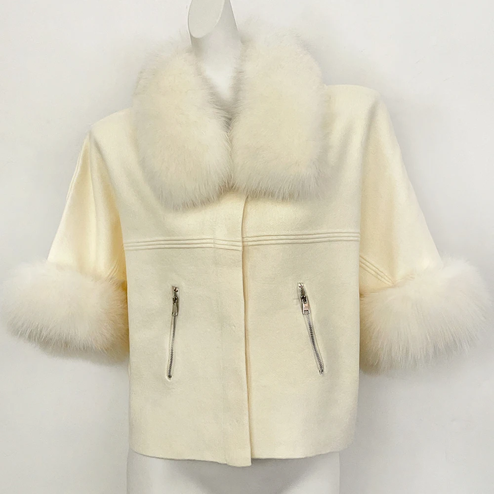 OFTBUY Autumn Winter Real Fox Raccoon Fur Collar Coat Knitted Sweater Women Short Sleeve Jacket Thick Warm Outerwear Streetwear