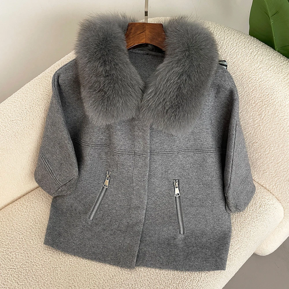 OFTBUY Autumn Winter Real Fox Raccoon Fur Collar Coat Knitted Sweater Women Short Sleeve Jacket Thick Warm Outerwear Streetwear