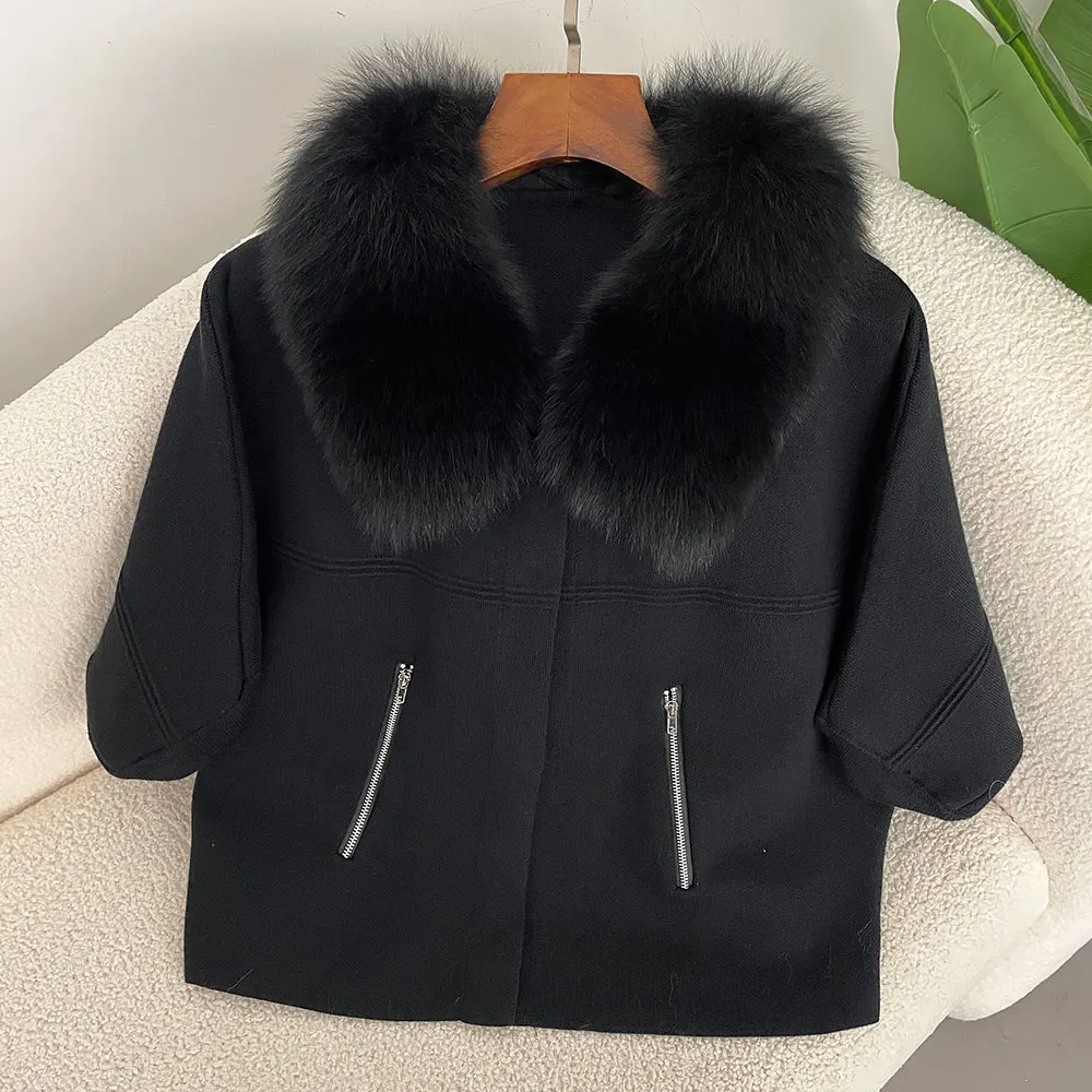 OFTBUY Autumn Winter Real Fox Raccoon Fur Collar Coat Knitted Sweater Women Short Sleeve Jacket Thick Warm Outerwear Streetwear
