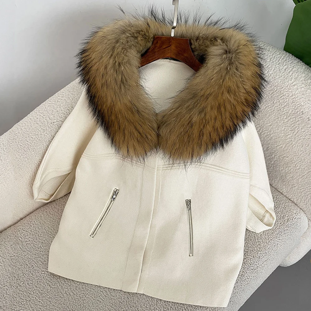 OFTBUY Autumn Winter Real Fox Raccoon Fur Collar Coat Knitted Sweater Women Short Sleeve Jacket Thick Warm Outerwear Streetwear