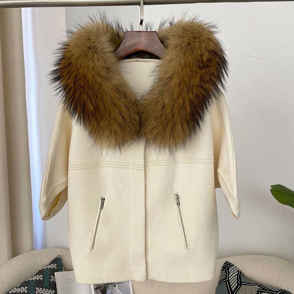OFTBUY Autumn Winter Real Fox Raccoon Fur Collar Coat Knitted Sweater Women Short Sleeve Jacket Thick Warm Outerwear Streetwear