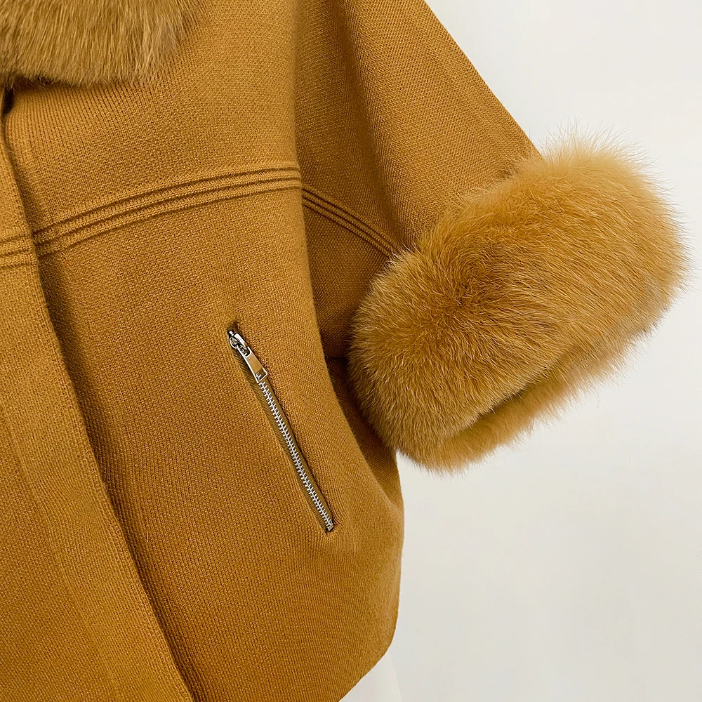 OFTBUY Autumn Winter Real Fox Raccoon Fur Collar Coat Knitted Sweater Women Short Sleeve Jacket Thick Warm Outerwear Streetwear