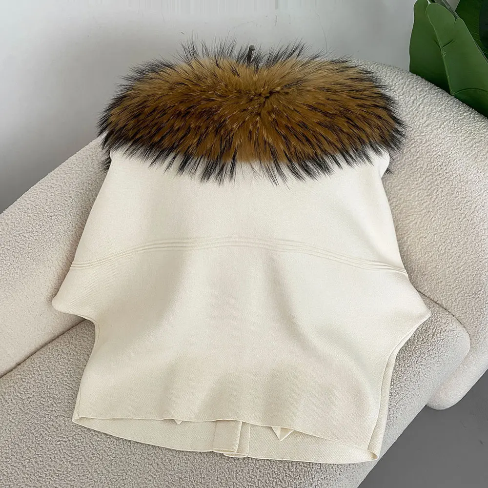 OFTBUY Autumn Winter Real Fox Raccoon Fur Collar Coat Knitted Sweater Women Short Sleeve Jacket Thick Warm Outerwear Streetwear