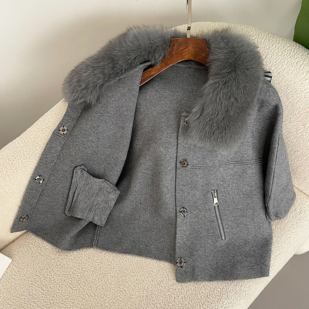 OFTBUY Autumn Winter Real Fox Raccoon Fur Collar Coat Knitted Sweater Women Short Sleeve Jacket Thick Warm Outerwear Streetwear
