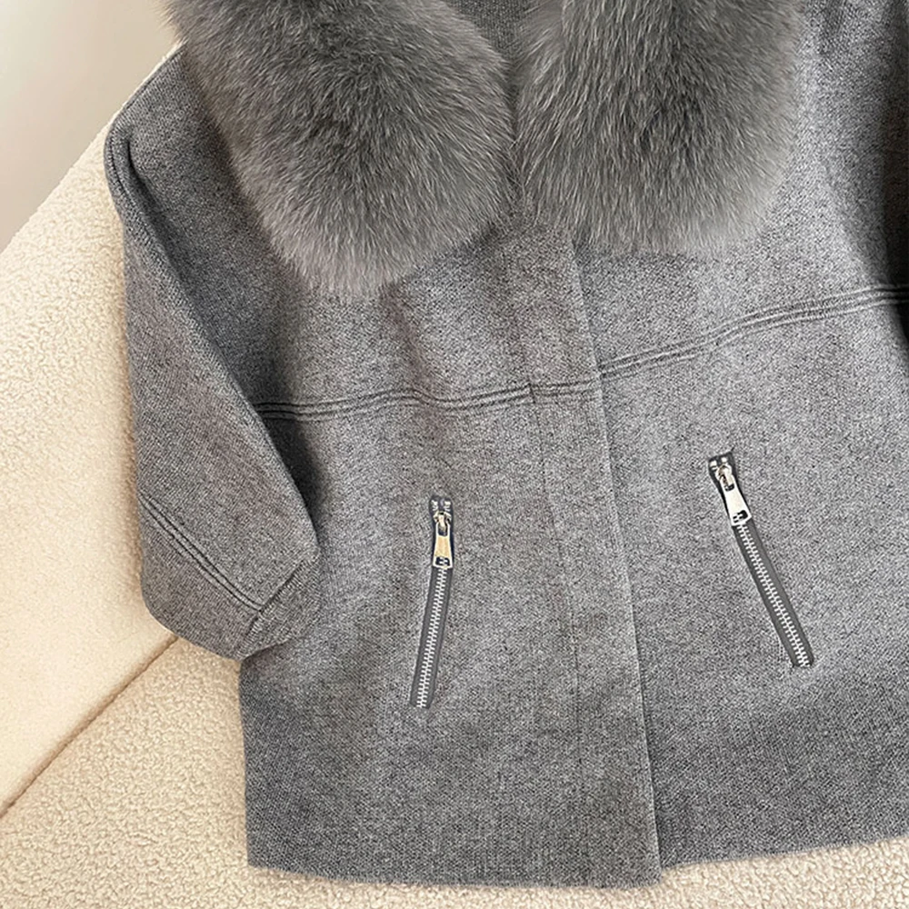 OFTBUY Autumn Winter Real Fox Raccoon Fur Collar Coat Knitted Sweater Women Short Sleeve Jacket Thick Warm Outerwear Streetwear