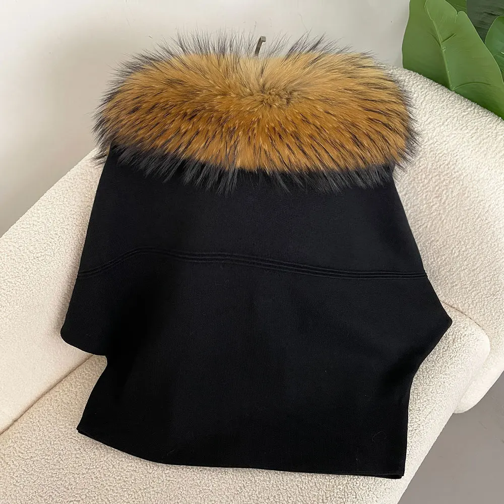 OFTBUY Autumn Winter Real Fox Raccoon Fur Collar Coat Knitted Sweater Women Short Sleeve Jacket Thick Warm Outerwear Streetwear