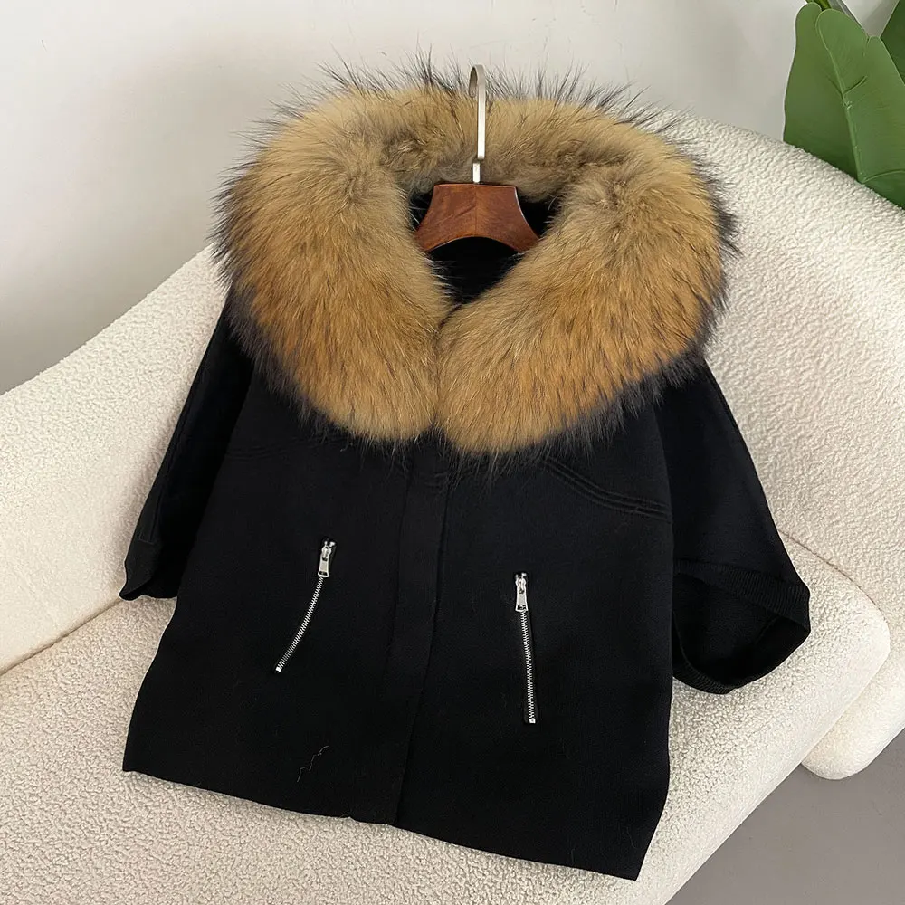 OFTBUY Autumn Winter Real Fox Raccoon Fur Collar Coat Knitted Sweater Women Short Sleeve Jacket Thick Warm Outerwear Streetwear