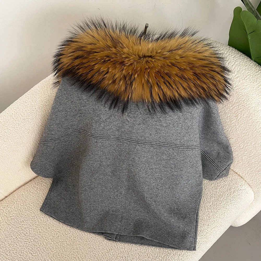 OFTBUY Autumn Winter Real Fox Raccoon Fur Collar Coat Knitted Sweater Women Short Sleeve Jacket Thick Warm Outerwear Streetwear