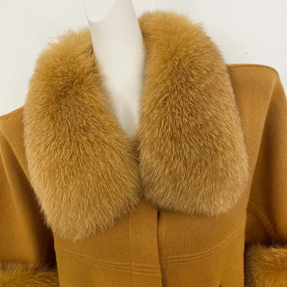 OFTBUY Autumn Winter Real Fox Raccoon Fur Collar Coat Knitted Sweater Women Short Sleeve Jacket Thick Warm Outerwear Streetwear