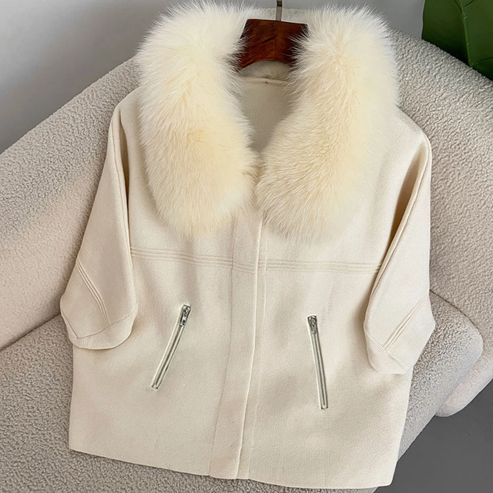 OFTBUY Autumn Winter Real Fox Raccoon Fur Collar Coat Knitted Sweater Women Short Sleeve Jacket Thick Warm Outerwear Streetwear