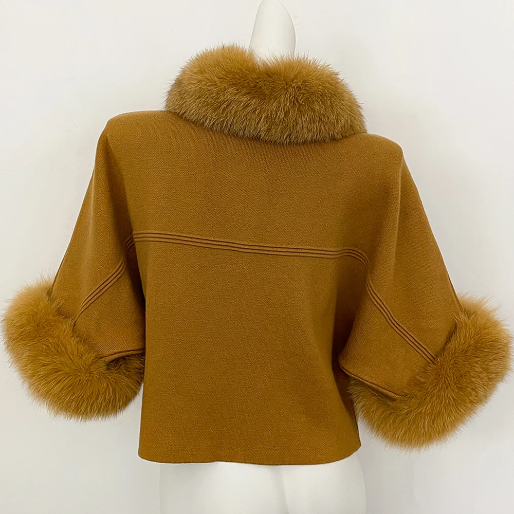OFTBUY Autumn Winter Real Fox Raccoon Fur Collar Coat Knitted Sweater Women Short Sleeve Jacket Thick Warm Outerwear Streetwear