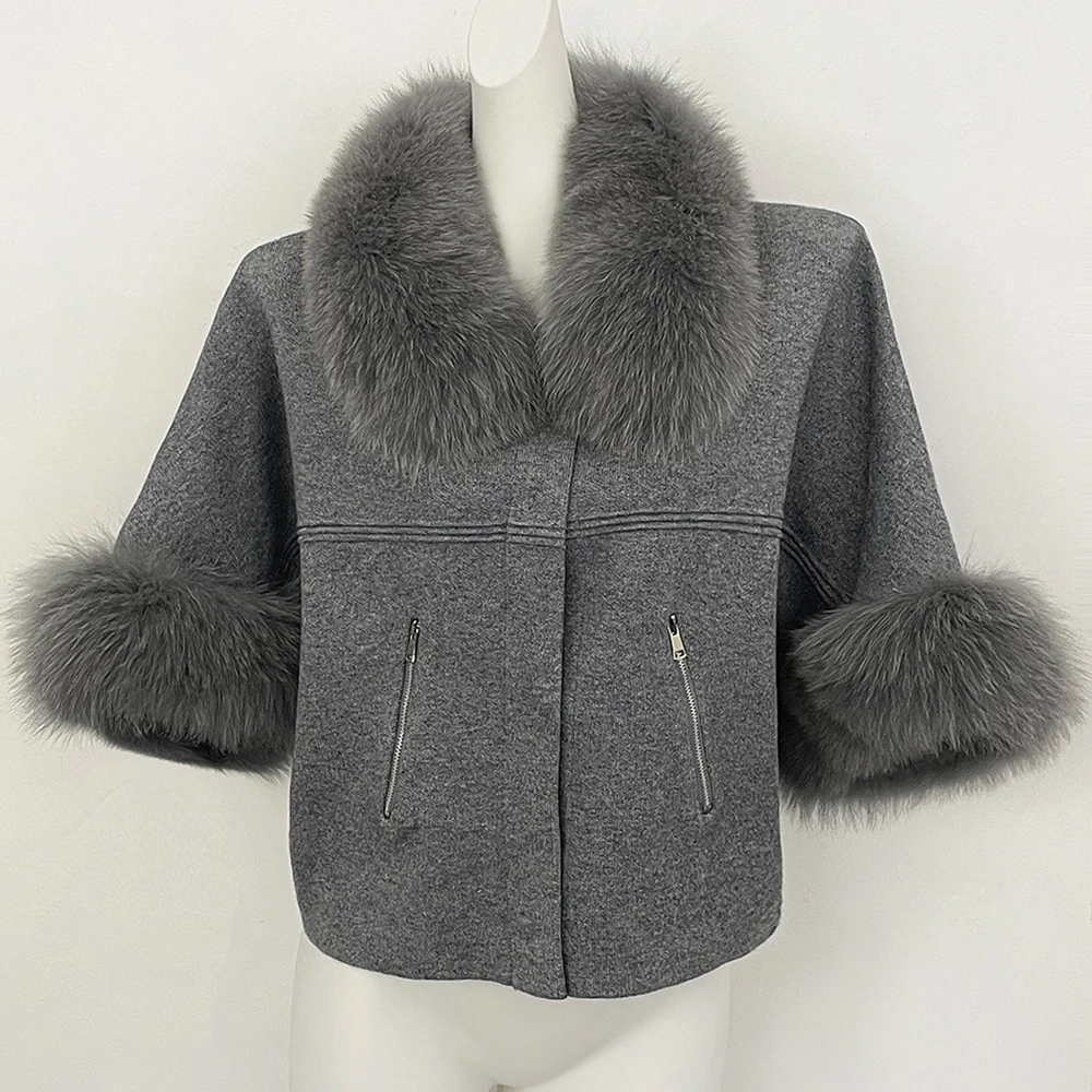 OFTBUY Autumn Winter Real Fox Raccoon Fur Collar Coat Knitted Sweater Women Short Sleeve Jacket Thick Warm Outerwear Streetwear