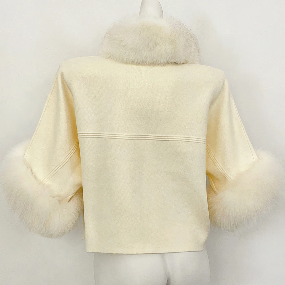 OFTBUY Autumn Winter Real Fox Raccoon Fur Collar Coat Knitted Sweater Women Short Sleeve Jacket Thick Warm Outerwear Streetwear