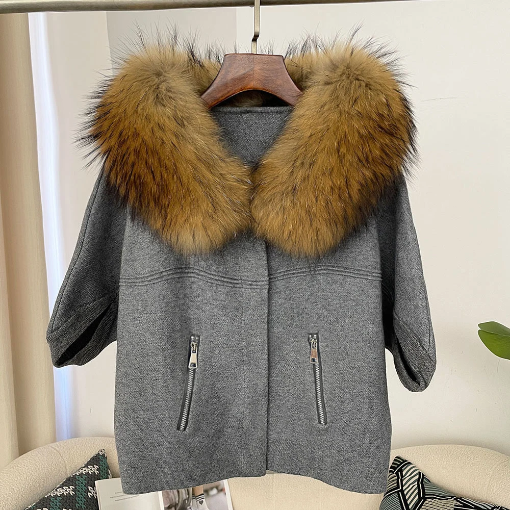 OFTBUY Autumn Winter Real Fox Raccoon Fur Collar Coat Knitted Sweater Women Short Sleeve Jacket Thick Warm Outerwear Streetwear