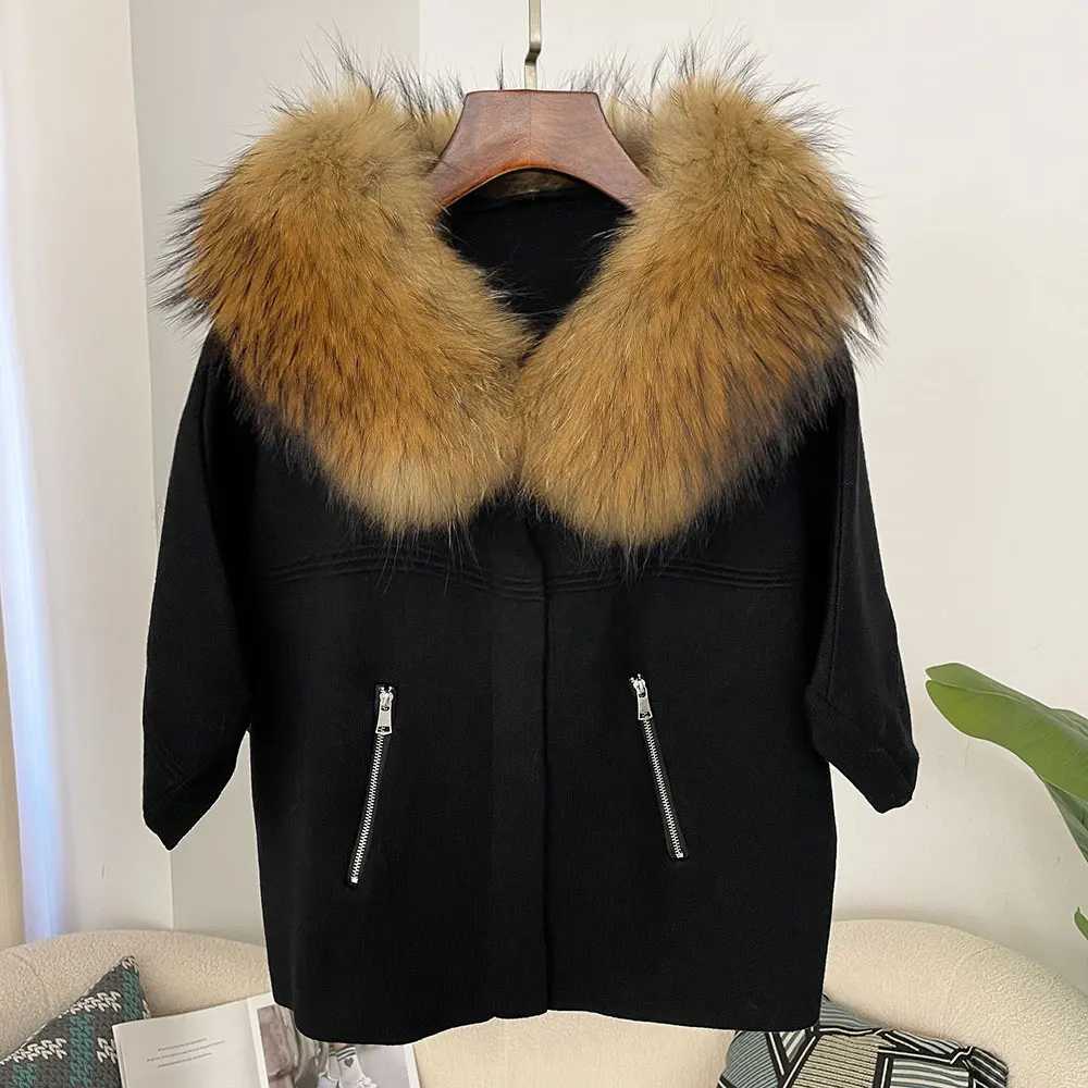 OFTBUY Autumn Winter Real Fox Raccoon Fur Collar Coat Knitted Sweater Women Short Sleeve Jacket Thick Warm Outerwear Streetwear