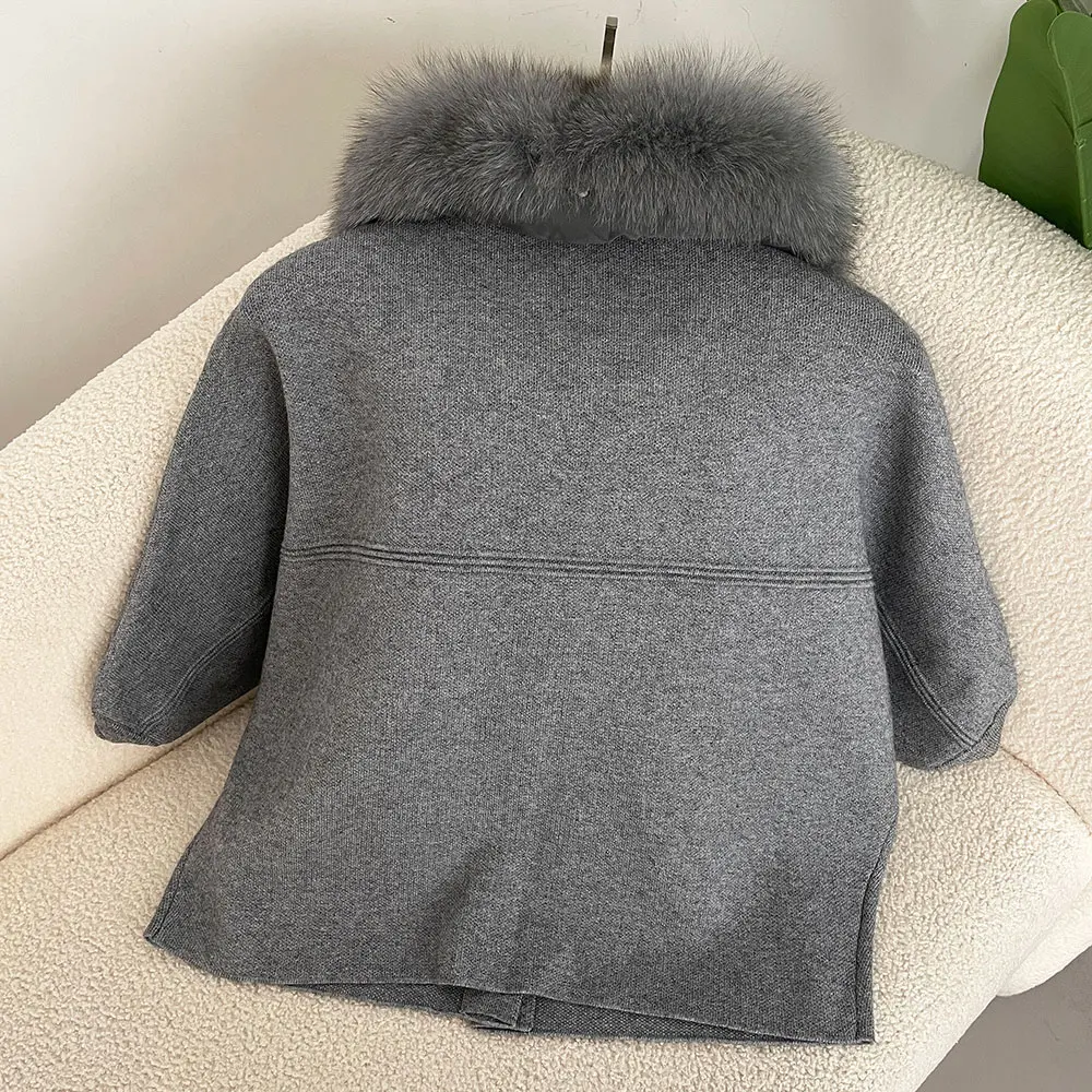 OFTBUY Autumn Winter Real Fox Raccoon Fur Collar Coat Knitted Sweater Women Short Sleeve Jacket Thick Warm Outerwear Streetwear