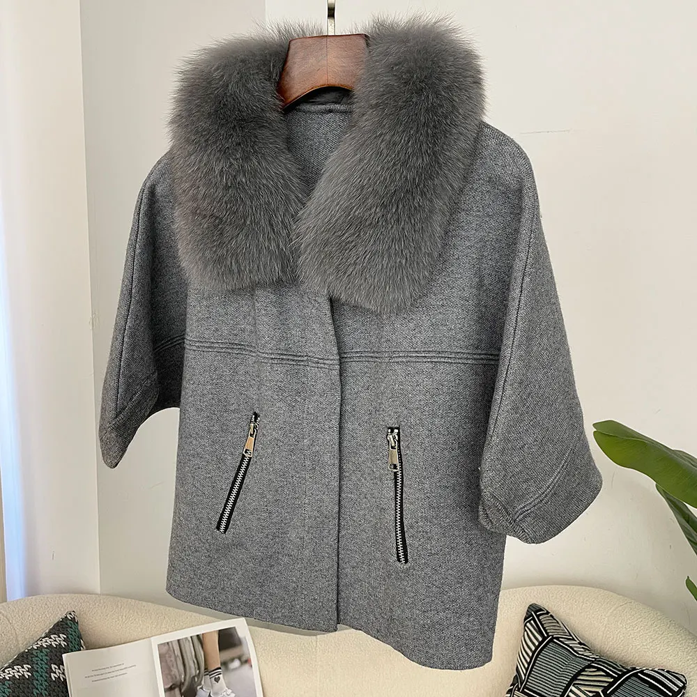 OFTBUY Autumn Winter Real Fox Raccoon Fur Collar Coat Knitted Sweater Women Short Sleeve Jacket Thick Warm Outerwear Streetwear