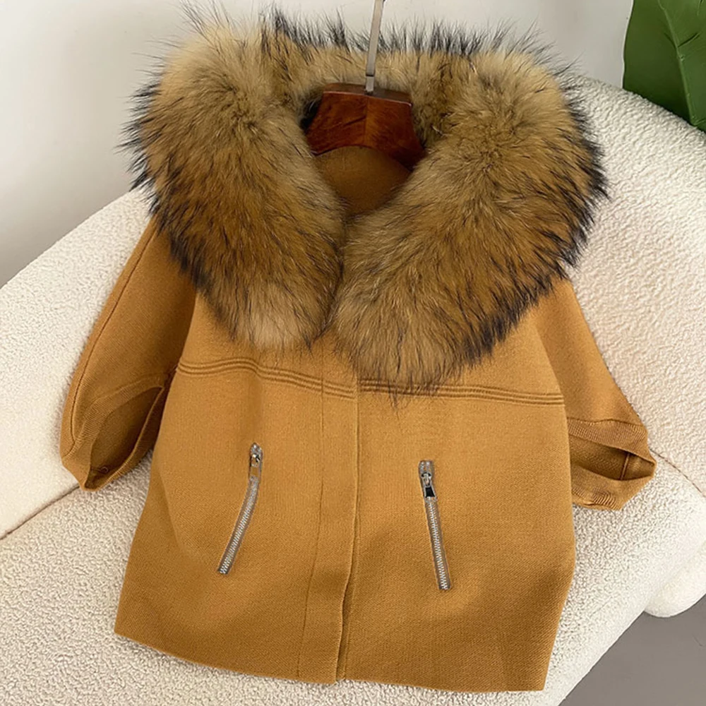 OFTBUY Autumn Winter Real Fox Raccoon Fur Collar Coat Knitted Sweater Women Short Sleeve Jacket Thick Warm Outerwear Streetwear