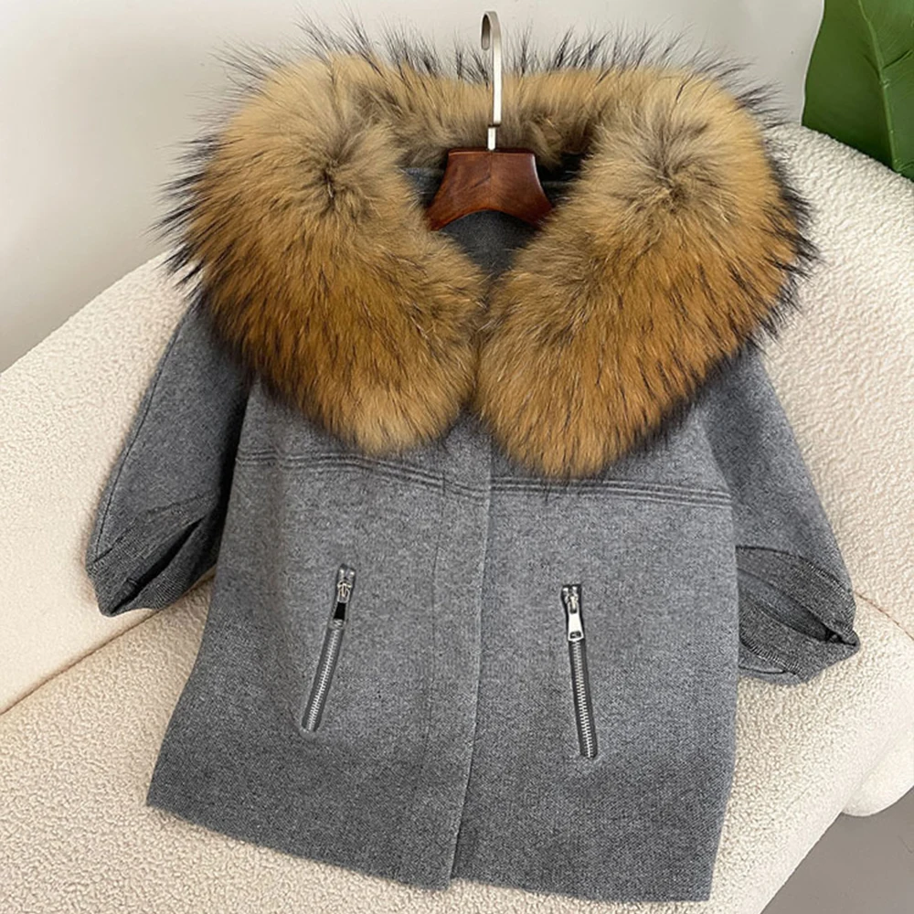 OFTBUY Autumn Winter Real Fox Raccoon Fur Collar Coat Knitted Sweater Women Short Sleeve Jacket Thick Warm Outerwear Streetwear