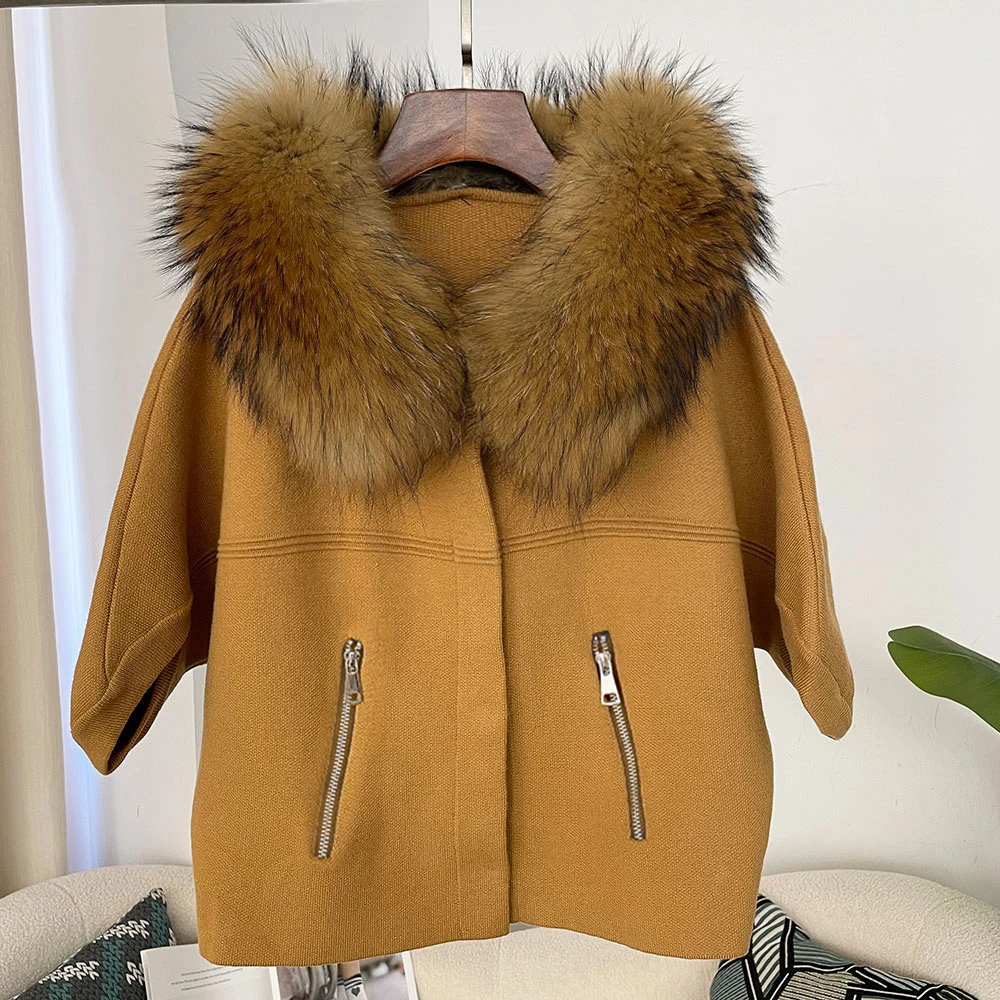 OFTBUY Autumn Winter Real Fox Raccoon Fur Collar Coat Knitted Sweater Women Short Sleeve Jacket Thick Warm Outerwear Streetwear