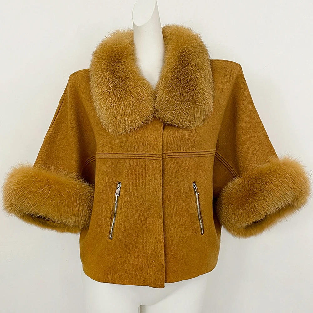 OFTBUY Autumn Winter Real Fox Raccoon Fur Collar Coat Knitted Sweater Women Short Sleeve Jacket Thick Warm Outerwear Streetwear