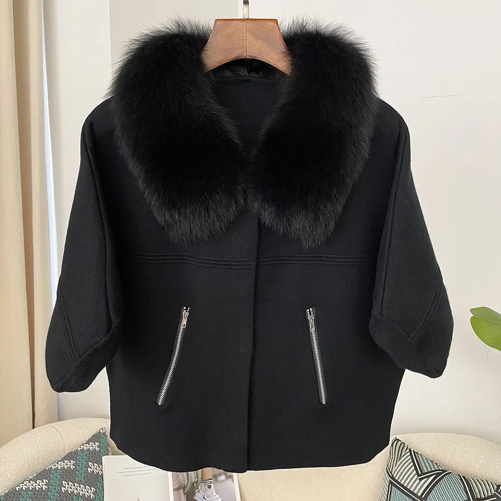 OFTBUY Autumn Winter Real Fox Raccoon Fur Collar Coat Knitted Sweater Women Short Sleeve Jacket Thick Warm Outerwear Streetwear