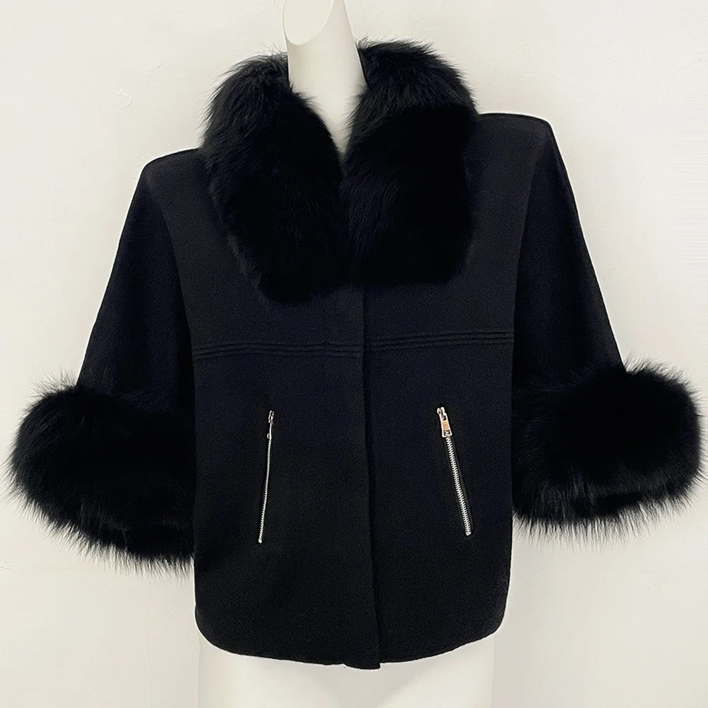 OFTBUY Autumn Winter Real Fox Raccoon Fur Collar Coat Knitted Sweater Women Short Sleeve Jacket Thick Warm Outerwear Streetwear