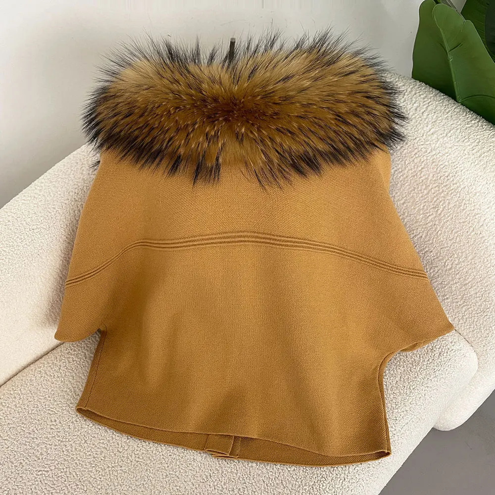 OFTBUY Autumn Winter Real Fox Raccoon Fur Collar Coat Knitted Sweater Women Short Sleeve Jacket Thick Warm Outerwear Streetwear