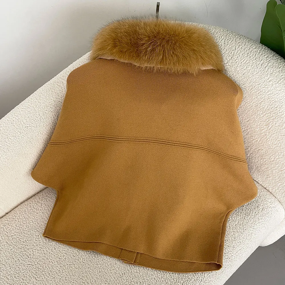 OFTBUY Autumn Winter Real Fox Raccoon Fur Collar Coat Knitted Sweater Women Short Sleeve Jacket Thick Warm Outerwear Streetwear