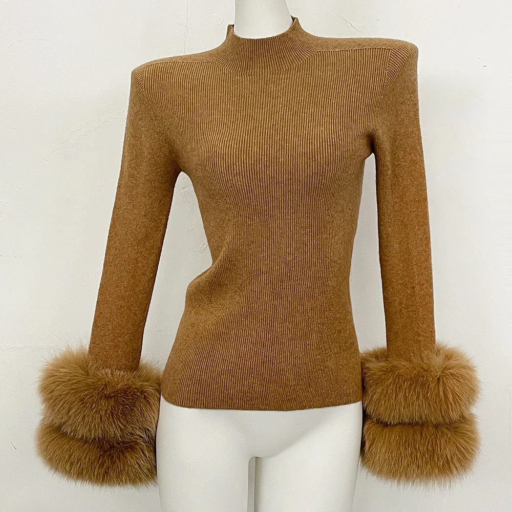 OFTBUY Slim Fit Half Turtleneck Ribbed Knit Sweater for Women Real Fur Cuff Trim Long Sleeve Warm Basic Layering Top New Winter
