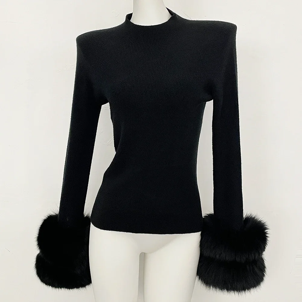 OFTBUY Slim Fit Half Turtleneck Ribbed Knit Sweater for Women Real Fur Cuff Trim Long Sleeve Warm Basic Layering Top New Winter