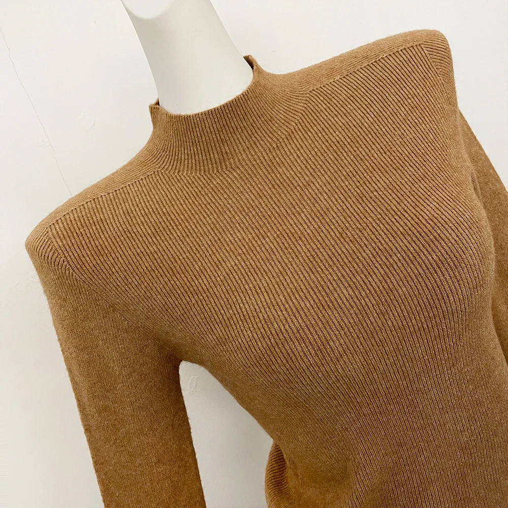 OFTBUY Slim Fit Half Turtleneck Ribbed Knit Sweater for Women Real Fur Cuff Trim Long Sleeve Warm Basic Layering Top New Winter