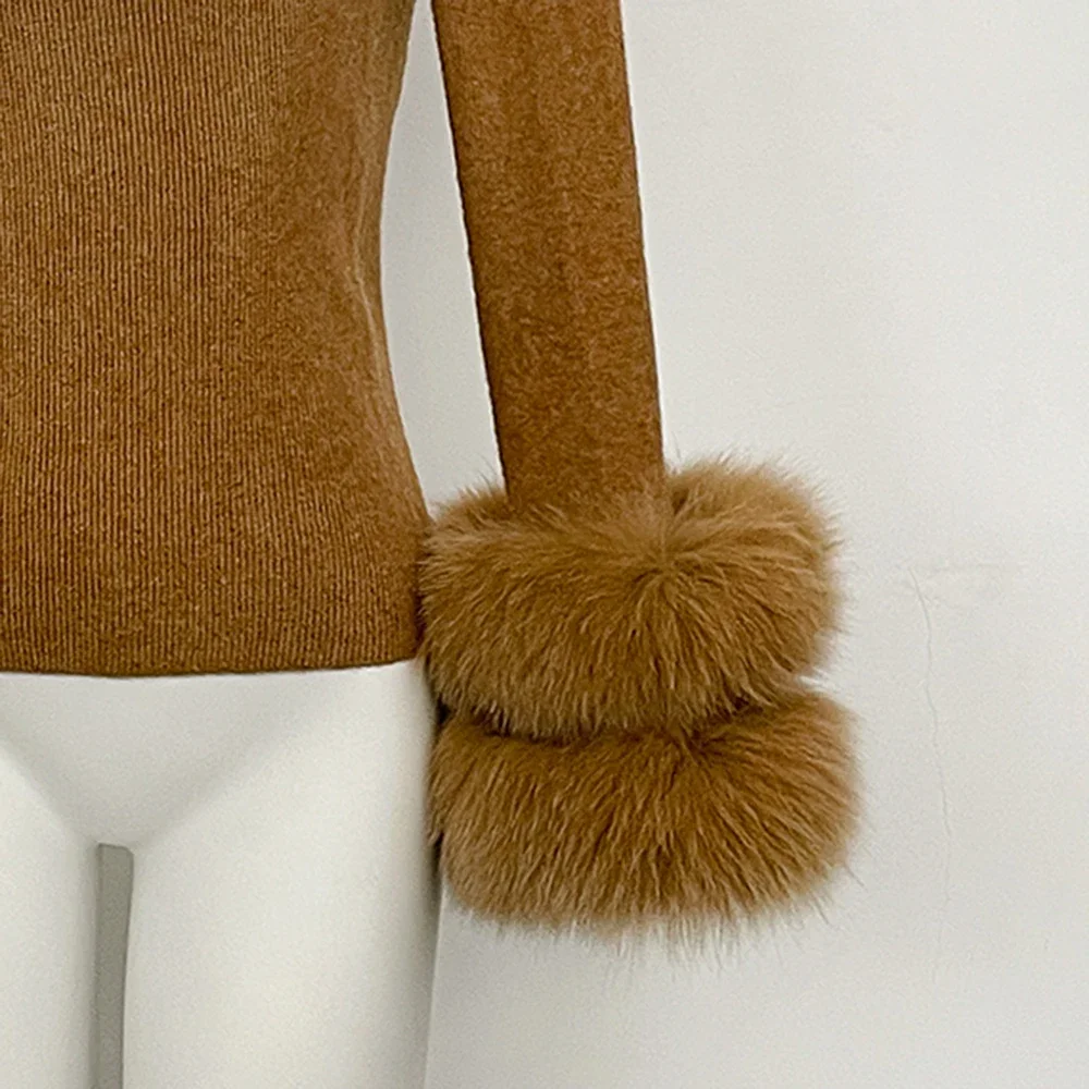 OFTBUY Slim Fit Half Turtleneck Ribbed Knit Sweater for Women Real Fur Cuff Trim Long Sleeve Warm Basic Layering Top New Winter